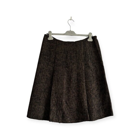Prada Wool Alpaca Brown‎ Boucle Tweed Pleated Skirt size 46 Italy/L - Picture 1 of 14
